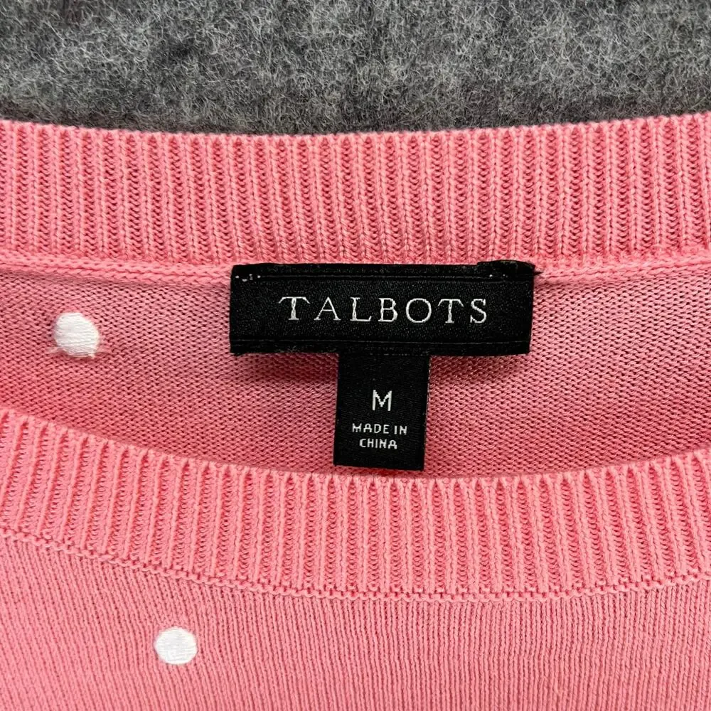 Talbots Sweater Womens M Pink Embroidered Novelty Dog Frenchie‎ Preppy Feminine